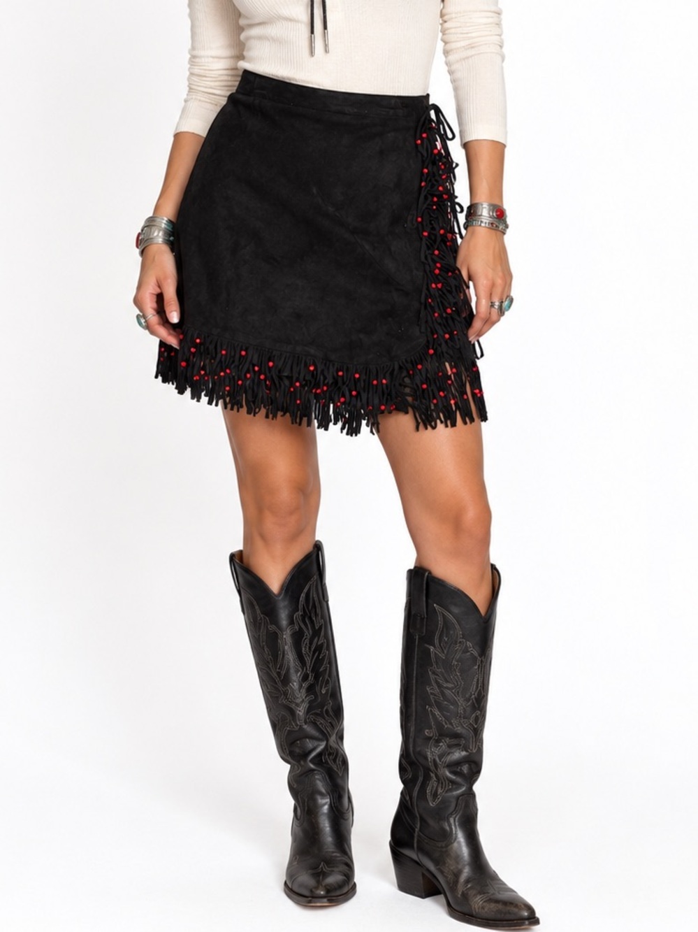 Vintage Black Suede Fringe Red Bead Western Wrap Midi Skirt L XL Cowgirl - Picture 4 of 9